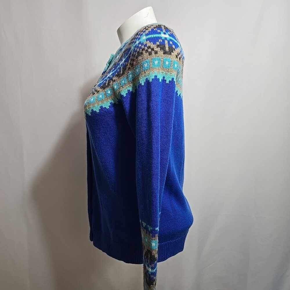 Talbots Nordic Fair Isle Cardigan Sweater Womens Size XS Lambswool Blend Blue - Picture 2 of 8
